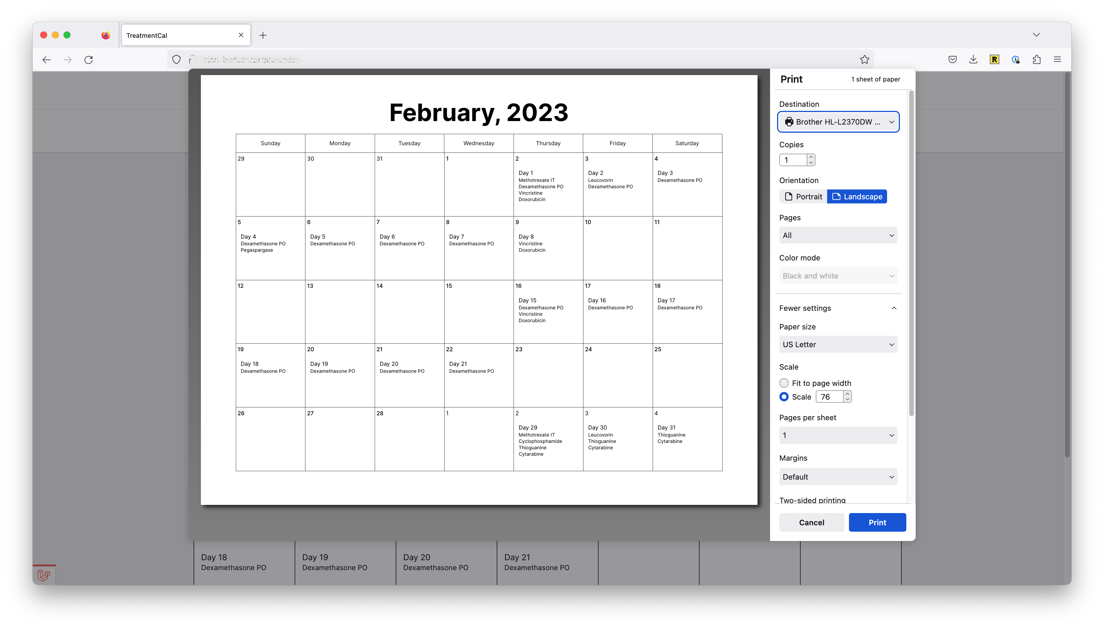 Screenshot of printing calendar
